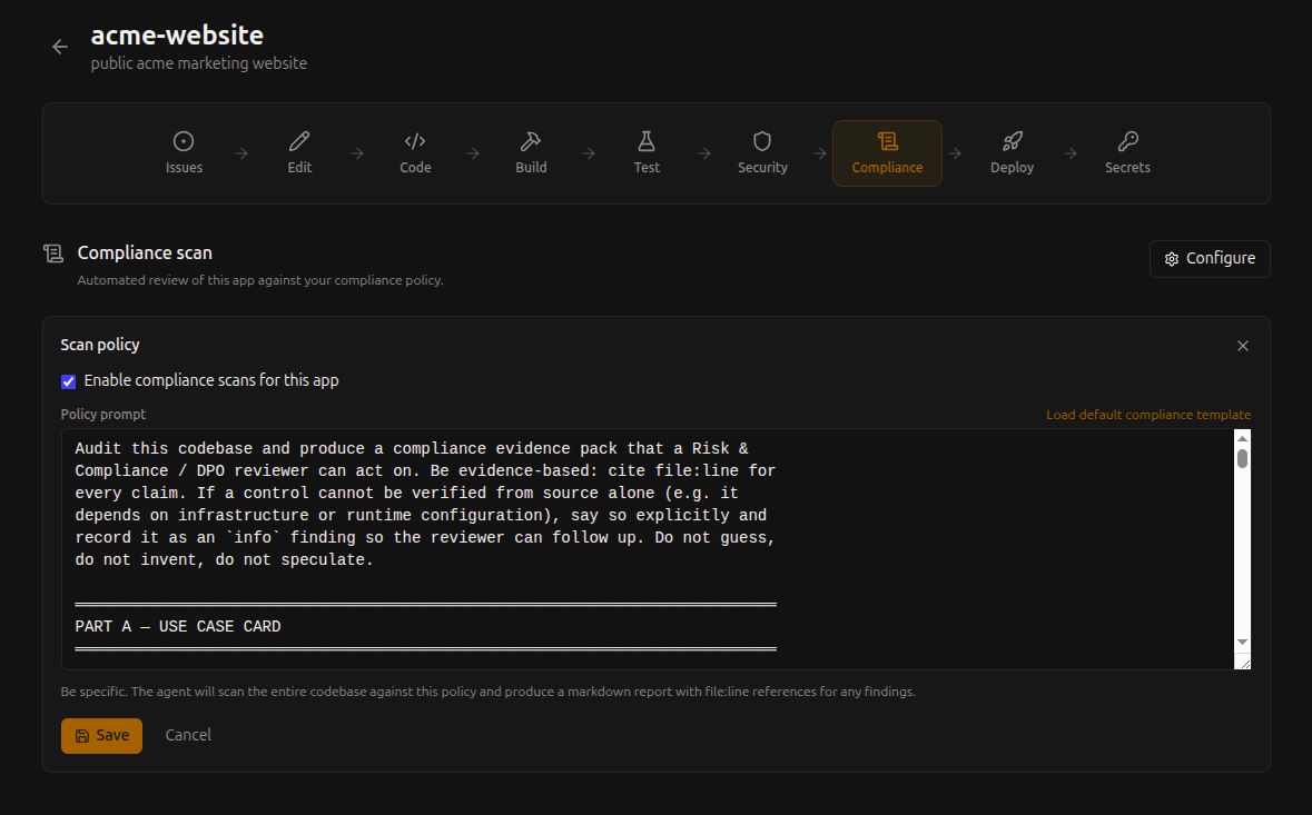 NextEpoch Compliance scan policy editor