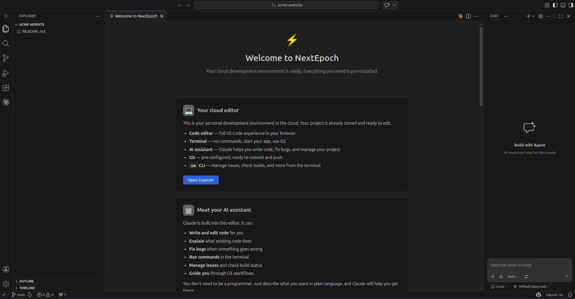 Editor welcome screen