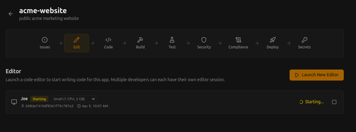 NextEpoch in-browser editor with size selector