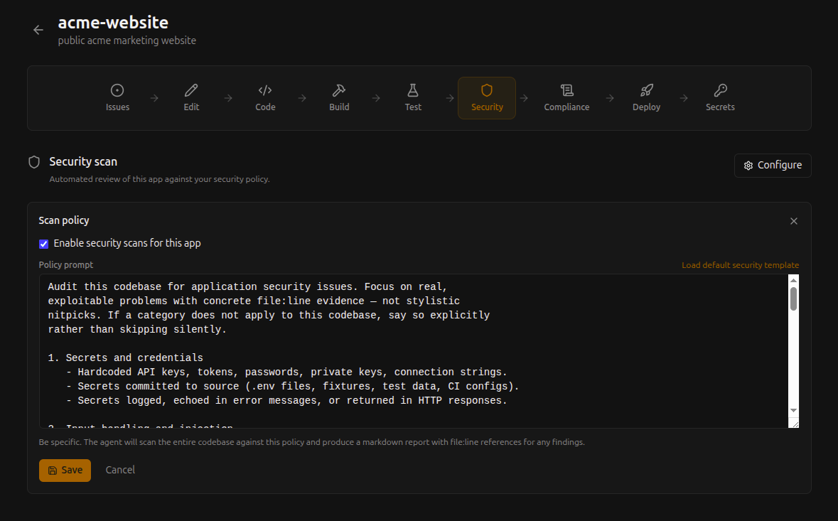 NextEpoch Security scan policy editor