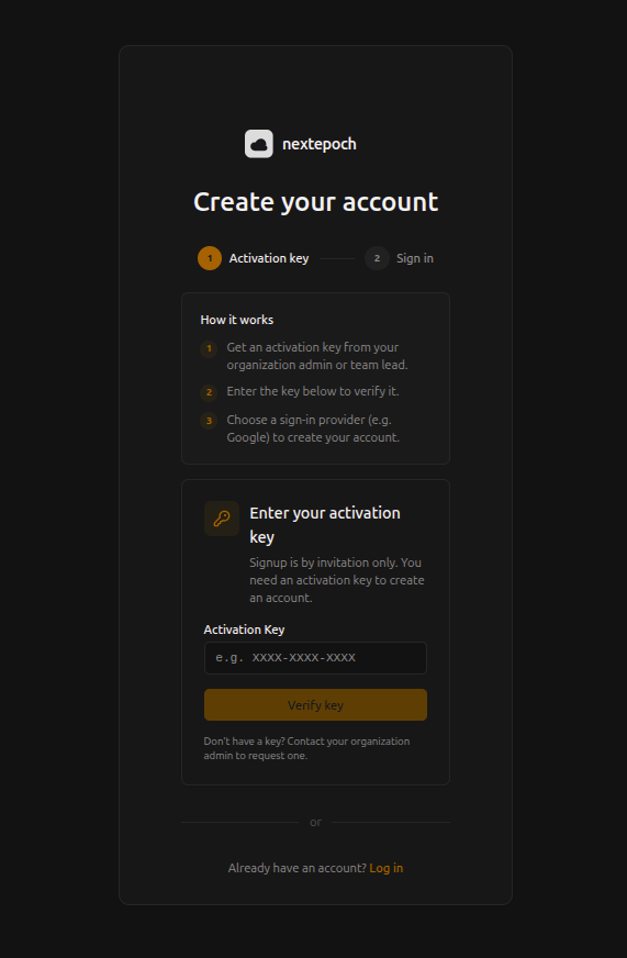 Activation key entry screen