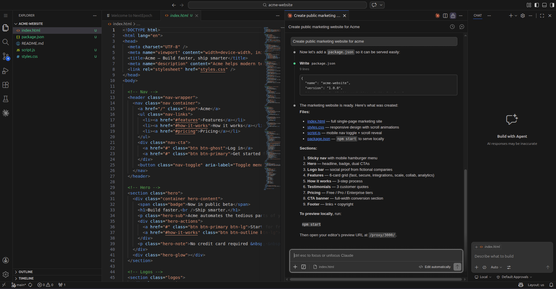 Generated marketing site files in the editor